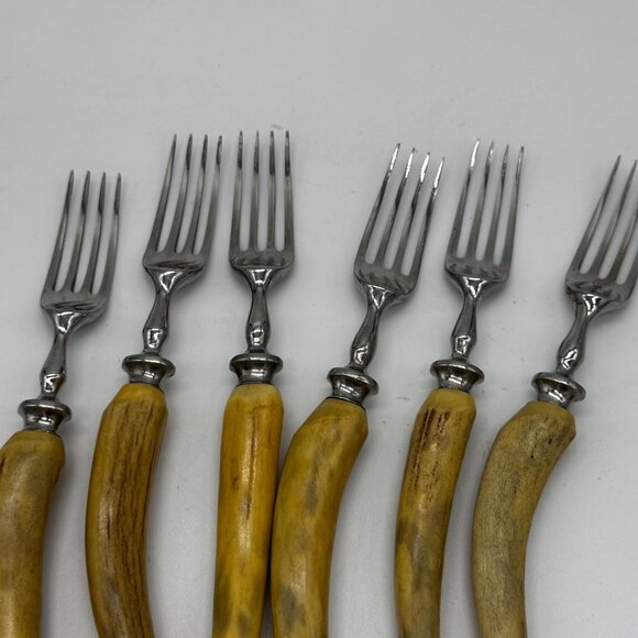 Sheffield Latham Owen Rustic Antler Horn Handle Steak Knives Forks Cased Set 11 - Picture 4 of 16